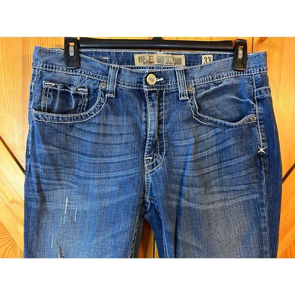 BKE Mens Derek Bootcut Distressed Thick Stitch Dark Wash Jeans Size 33x32 (8984) - Picture 2 of 6